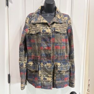Ecote Tribal Print Army Green Collared Utility Jacket